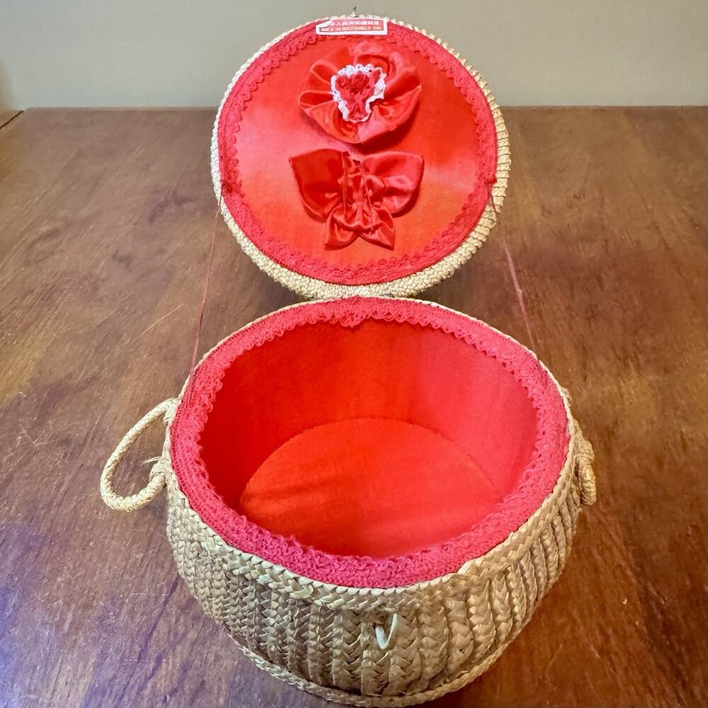 Vintage 1970s 80s Woven Straw Sewing Basket China Red Lined Floral Bow 8”